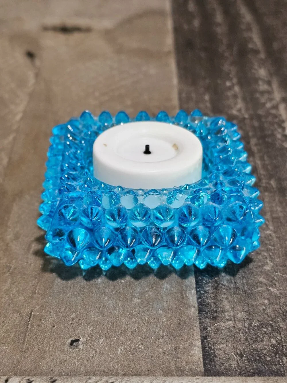 Vintage Fenton Blue Glass Votive Candle Holder Spike Hobnail Square